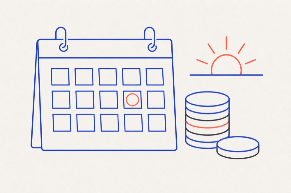 Wall calendar with one date circled, next to a stack of plain tokens and a rising sun