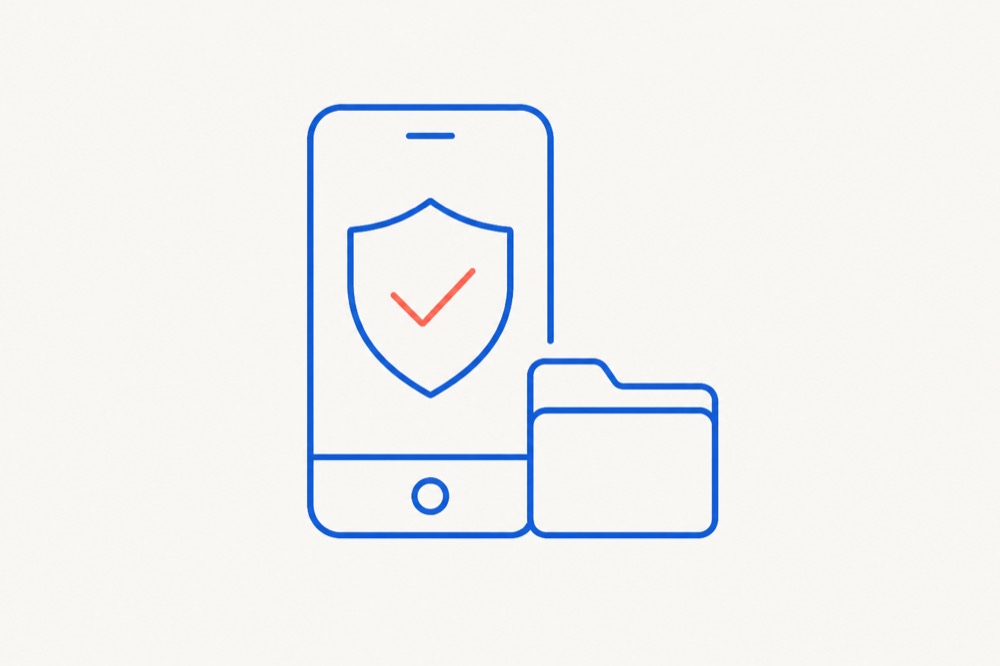 A phone standing upright with a shield and a tick on its screen, next to a closed folder