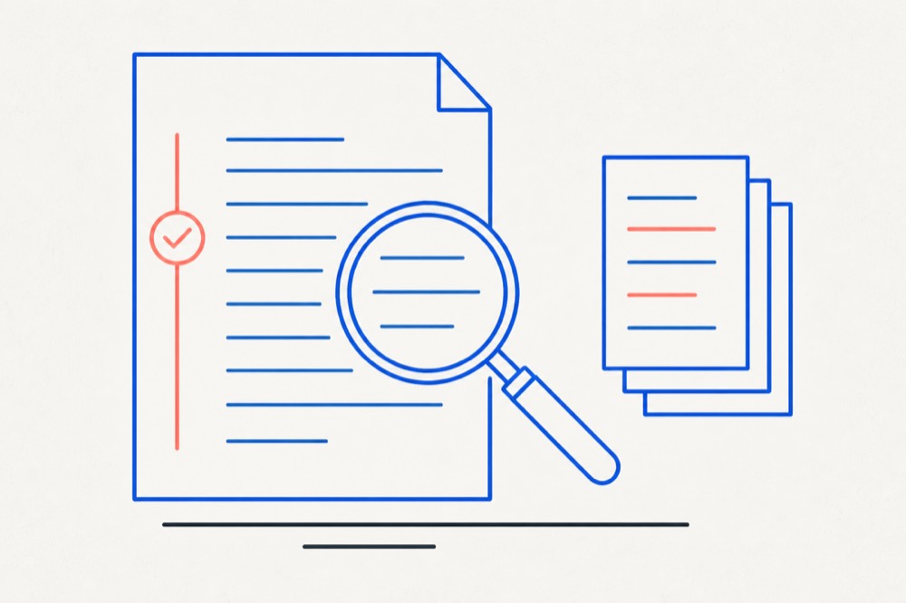 A document with placeholder rules under a magnifying glass, a coral tick in the margin and reference sheets beside it
