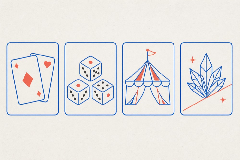 Four framed emblems in a row: playing cards, three dice, a striped tent and an ice crystal