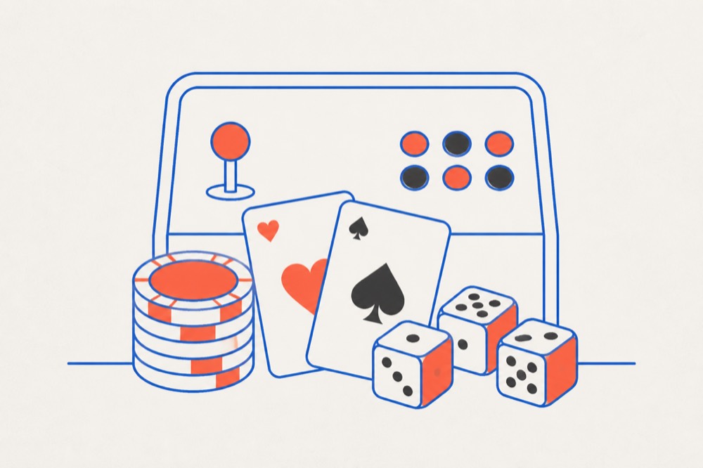 Line drawing of playing cards, three dice and a stack of plain tokens in front of an arcade panel
