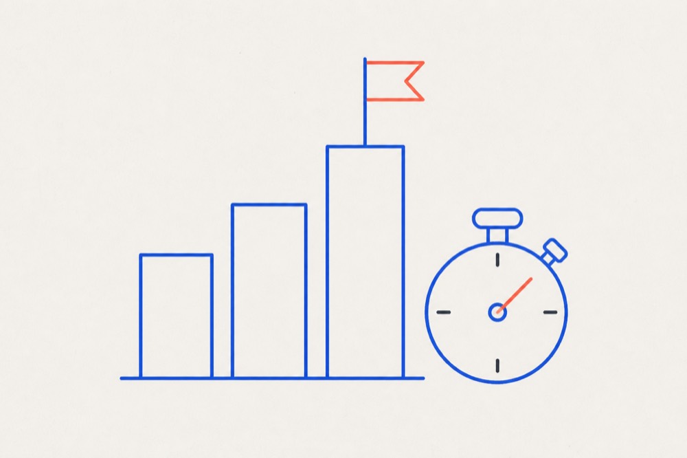 Three plain columns of increasing height with a small flag on the tallest, next to a stopwatch