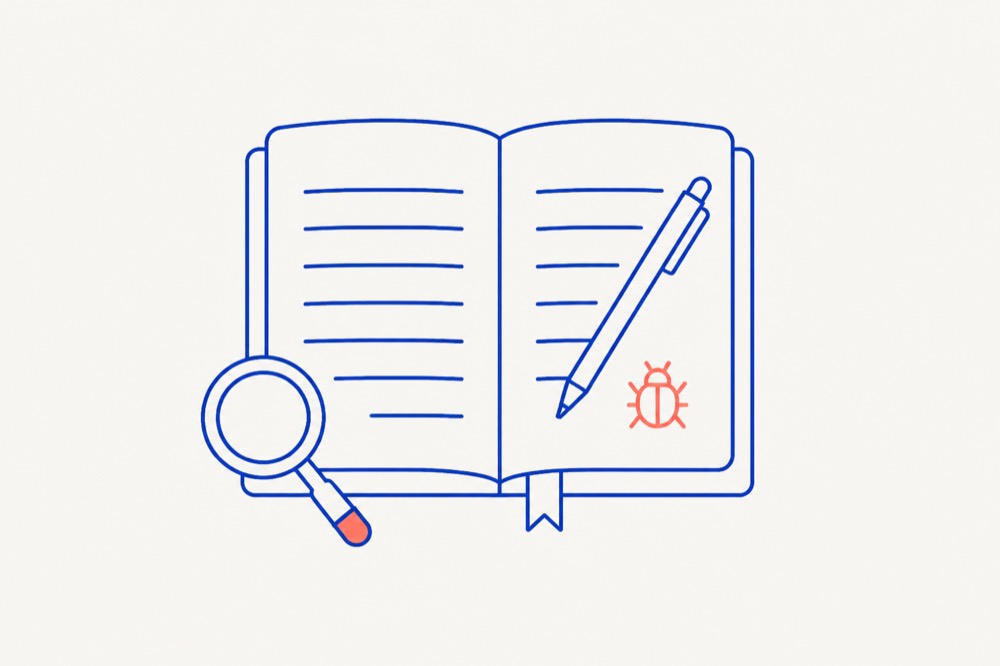 An open notebook with a pen resting on it, a magnifying glass alongside and a small coral bug symbol on the page