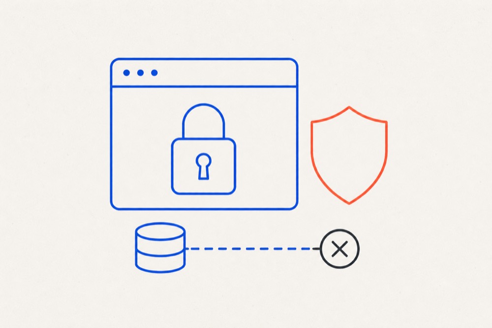 A browser window containing a padlock, a shield, and a database icon with a crossed-out connection