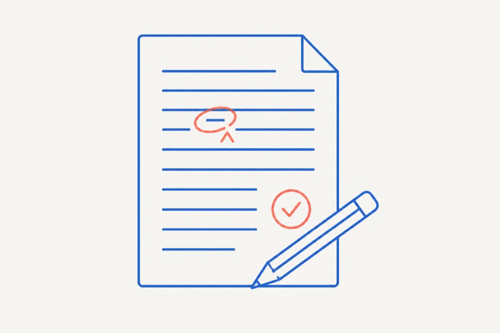 A printed sheet marked with a coral proofreading correction and a circled tick, with a pencil across the corner