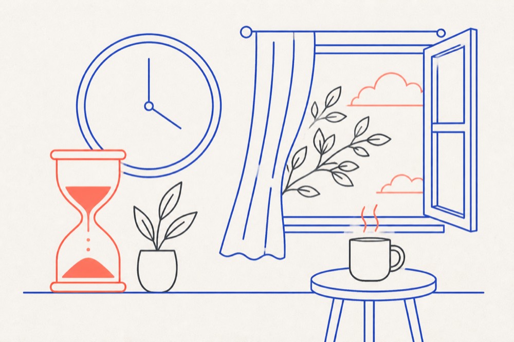 A wall clock, an hourglass, an open window and a mug on a side table