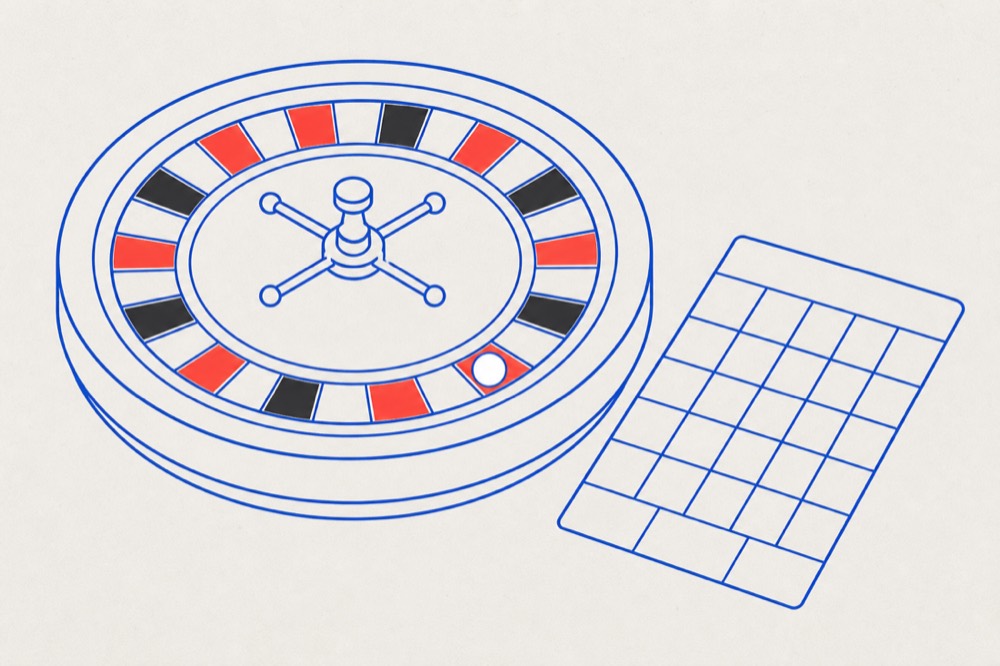 Roulette wheel drawn as concentric rings of equal segments beside an empty betting grid