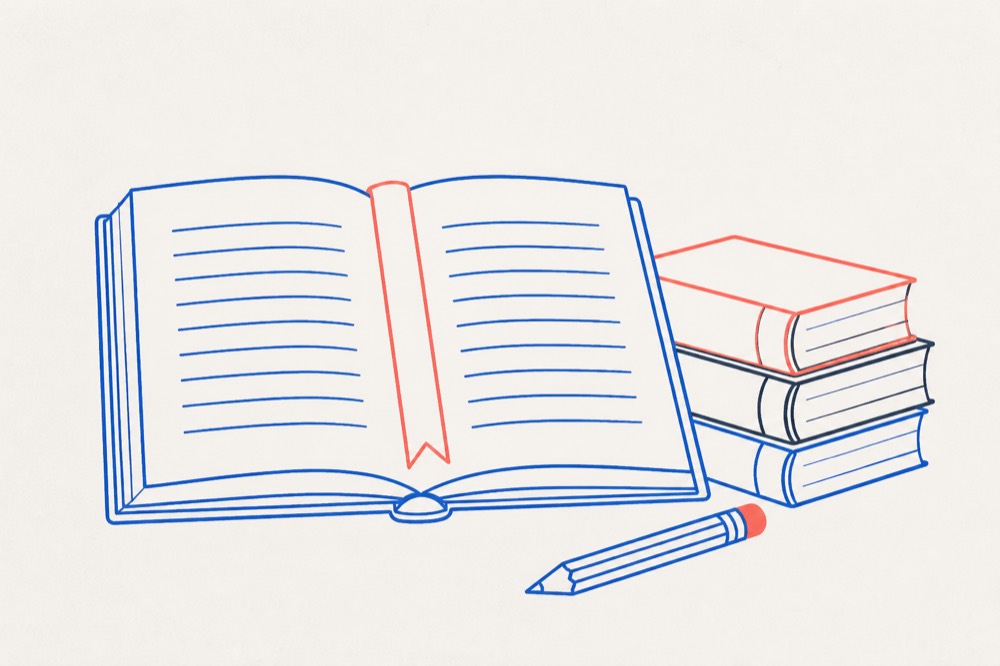 An open rulebook with a coral ribbon bookmark, a pencil and a small stack of closed books