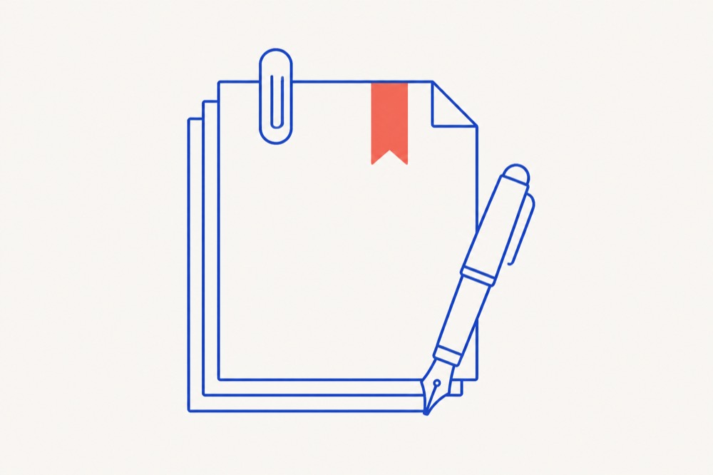 A stack of paper sheets held by a paperclip with a coral bookmark and a fountain pen beside it