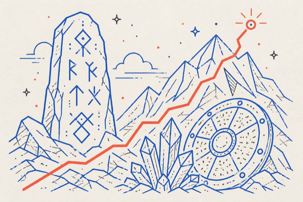 Rune-carved standing stone, ice crystals and a shield with a coral line climbing across the scene