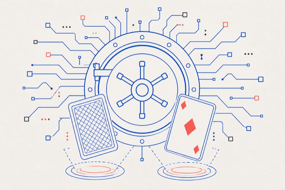 Cyber vault door with circuit traces and two playing cards floating in front of it