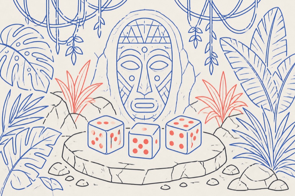 Three dice on a stone slab framed by jungle leaves, vines and a carved mask