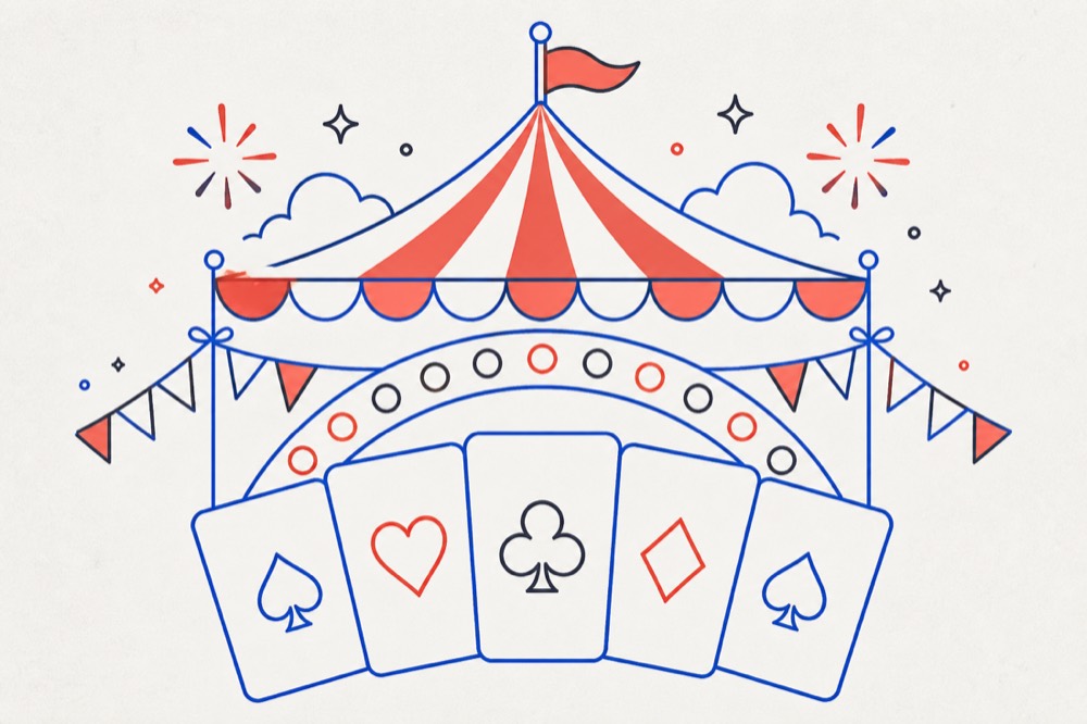 Striped carnival tent with bunting and a fan of five playing cards below it